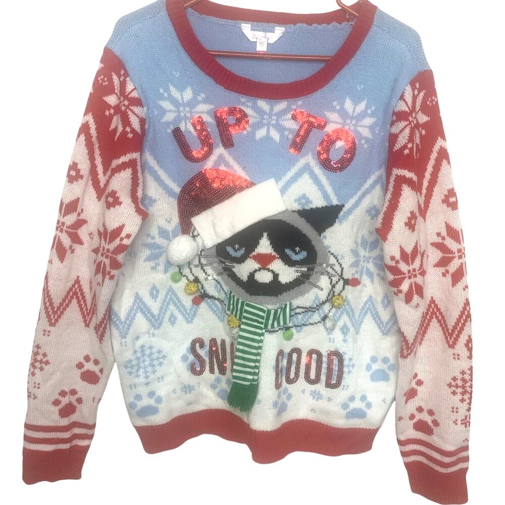 Ugly Christmas Cat! Sweater 3XL Womens Aqua Red Up to Snow Good Sequins